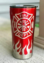 Load image into Gallery viewer, FLAMES with MALTESE CROSS | Glitter and/or Painted Stainless Steel Tumbler
